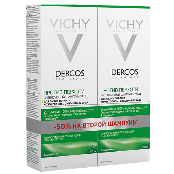 Vichy Dercos Technique Шампунь-уход интенсивный Против перхоти DS для сухих волос и кожи головы, склонной к зуду  Дуопак -50% на второй продукт